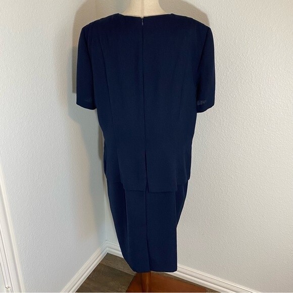 Vintage Navy Embroidery Midi Sheath Dress Deco Buttons Linen Look by VIRGO SZ 16 - Picture 9 of 13